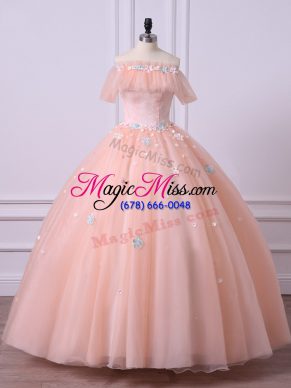 Gorgeous Peach Lace Up Off The Shoulder Lace and Appliques Quince Ball Gowns Tulle Short Sleeves