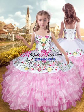 Rose Pink Sleeveless Floor Length Embroidery and Ruffled Layers Lace Up Little Girl Pageant Gowns