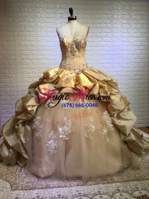 Fabulous Gold Ball Gowns Taffeta and Tulle Sweetheart Sleeveless Beading and Appliques and Pick Ups Lace Up 15 Quinceanera Dress Court Train