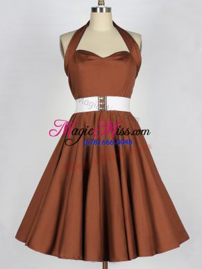 Custom Design Knee Length Zipper Bridesmaid Dress Brown for Prom and Party and Wedding Party with Belt