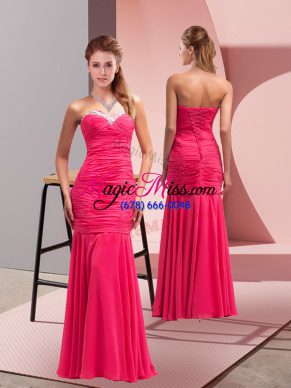 Hot Pink Mermaid Sweetheart Sleeveless Chiffon Floor Length Lace Up Sequins