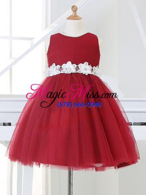 Superior Sleeveless Knee Length Appliques Zipper Flower Girl Dresses with Wine Red