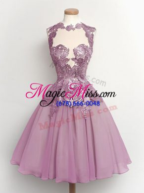 Lilac A-line Chiffon High-neck Sleeveless Lace Knee Length Lace Up Bridesmaid Dress