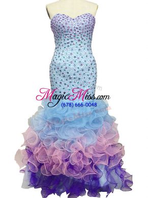 Trendy Multi-color Mermaid Organza Sweetheart Sleeveless Beading and Ruffles Floor Length Lace Up Prom Dress