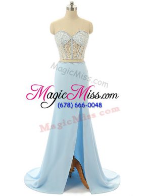 Designer Light Blue Sleeveless Elastic Woven Satin Brush Train Zipper Evening Dress for Prom and Party and Military Ball