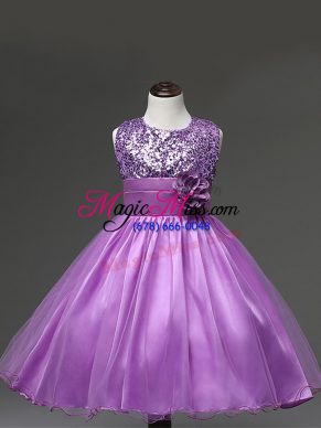 Knee Length Lilac Little Girl Pageant Dress Scoop Sleeveless Zipper