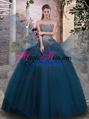 Noble Teal Strapless Lace Up Beading Ball Gown Prom Dress Sleeveless