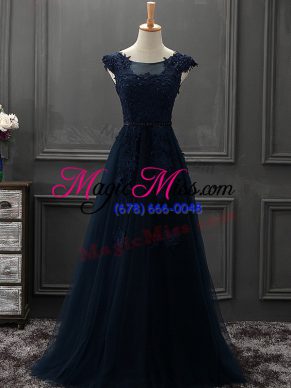 Artistic Floor Length Navy Blue Homecoming Dress Tulle Sleeveless Appliques