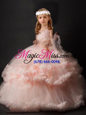 Pink Sleeveless Hand Made Flower Criss Cross Kids Pageant Dress
