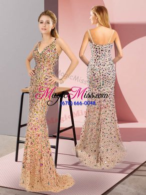 Graceful Champagne Tulle Zipper Straps Sleeveless Prom Evening Gown Brush Train Beading