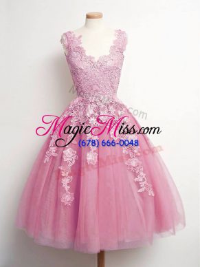 Elegant Pink Lace Up Wedding Guest Dresses Lace Sleeveless Knee Length