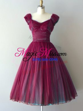 Popular Burgundy Wedding Party Dress Prom and Party and Wedding Party with Ruching V-neck Cap Sleeves Lace Up