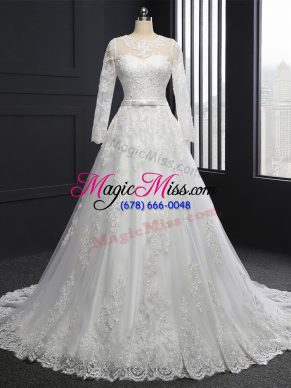 Attractive White Wedding Dresses Scoop Long Sleeves Brush Train Lace Up
