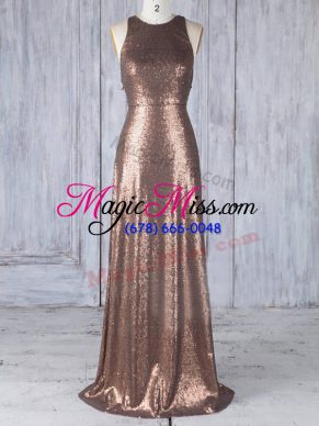 Clearance Scoop Sleeveless Bridesmaid Dresses Floor Length Appliques Brown Sequined