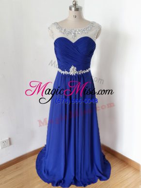 Custom Fit Floor Length Zipper Evening Dress Royal Blue for Prom and Military Ball and Beach with Beading and Ruching