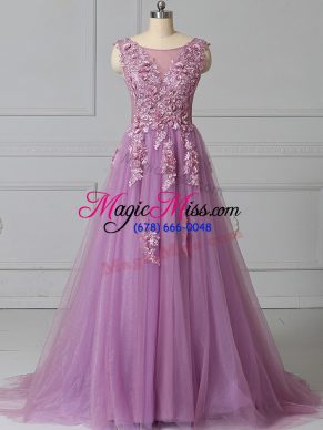 Suitable Lilac Prom and Party with Appliques and Pattern Scoop Sleeveless Brush Train Lace Up