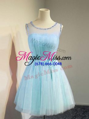 Lovely Aqua Blue Empire Scoop Sleeveless Tulle Knee Length Lace Up Belt Wedding Party Dress