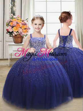 Pretty Royal Blue Straps Neckline Beading Kids Formal Wear Sleeveless Lace Up