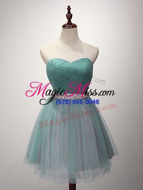 Green Lace Up Wedding Guest Dresses Beading and Ruching Sleeveless Mini Length