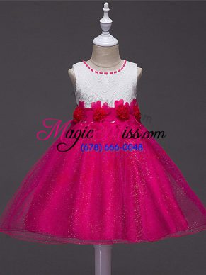 Super Hot Pink Ball Gowns Scoop Sleeveless Tulle Knee Length Zipper Lace and Hand Made Flower Little Girl Pageant Gowns