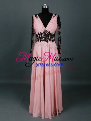 Delicate Pink Empire V-neck Long Sleeves Chiffon Floor Length Zipper Lace and Appliques Mother Of The Bride Dress