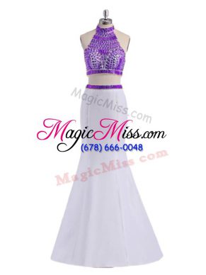 On Sale Two Pieces Prom Gown White And Purple Halter Top Satin Sleeveless Floor Length Criss Cross