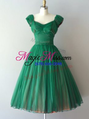 Lovely Green Quinceanera Court Dresses Prom and Party and Sweet 16 with Ruching V-neck Cap Sleeves Lace Up