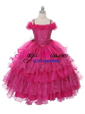 Floor Length Fuchsia Little Girl Pageant Gowns Organza Sleeveless Ruffles and Ruffled Layers