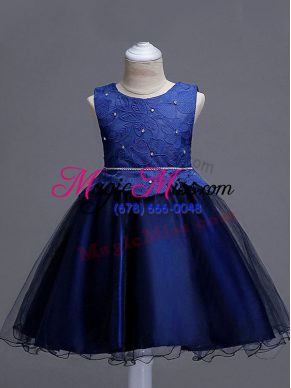 Best Navy Blue Ball Gowns Scoop Sleeveless Organza Knee Length Zipper Lace Little Girl Pageant Dress