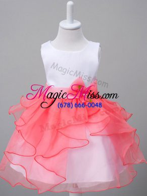Best White And Red Ball Gowns Scoop Sleeveless Organza Knee Length Zipper Ruffles and Bowknot Kids Formal Wear