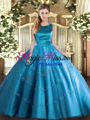 Romantic Floor Length Ball Gowns Sleeveless Aqua Blue Ball Gown Prom Dress Lace Up