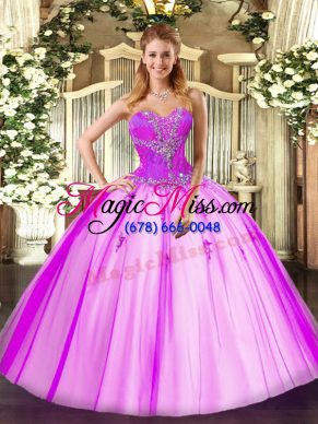 Latest Fuchsia Ball Gowns Beading Quinceanera Dress Lace Up Tulle Sleeveless