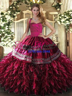Pretty Wine Red Ball Gowns Embroidery and Ruffles Sweet 16 Quinceanera Dress Lace Up Organza Sleeveless Floor Length