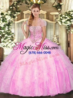 Noble Rose Pink Ball Gowns Strapless Sleeveless Tulle Floor Length Lace Up Appliques and Ruffles Ball Gown Prom Dress