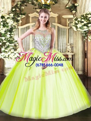 On Sale Sleeveless Floor Length Beading and Appliques Zipper 15th Birthday Dress with Yellow Green