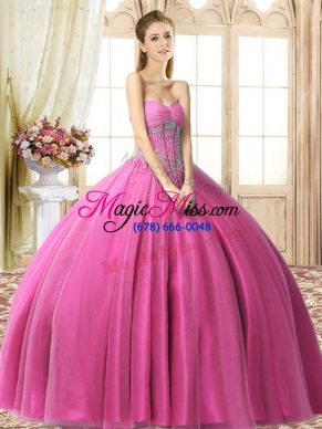 Floor Length Lace Up 15th Birthday Dress Fuchsia for Military Ball and Sweet 16 and Quinceanera with Beading