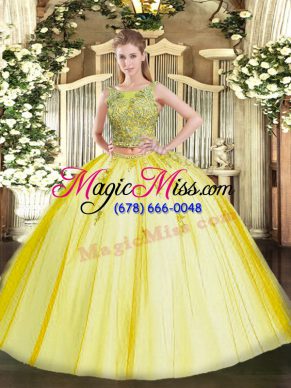 Nice Yellow Scoop Neckline Beading and Appliques 15 Quinceanera Dress Sleeveless Lace Up