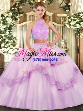 Low Price Floor Length Lilac Vestidos de Quinceanera Tulle Sleeveless Beading and Appliques and Ruffles