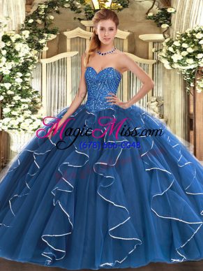 Ideal Blue Vestidos de Quinceanera Military Ball and Sweet 16 and Quinceanera with Beading and Ruffles Sweetheart Sleeveless Lace Up