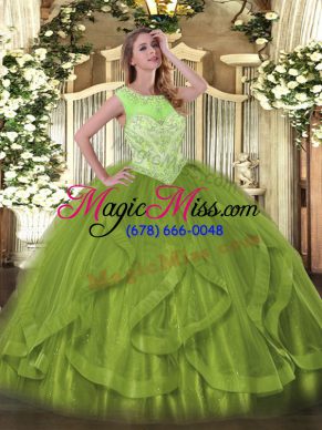 Ball Gowns Quinceanera Gowns Olive Green Scoop Tulle Sleeveless Floor Length Lace Up
