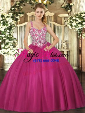 Best Tulle Straps Sleeveless Lace Up Beading and Appliques Vestidos de Quinceanera in Fuchsia