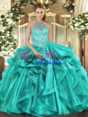 Turquoise Organza Lace Up 15th Birthday Dress Sleeveless Floor Length Beading and Embroidery and Ruffles