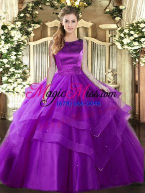 Artistic Eggplant Purple Ball Gowns Ruffled Layers 15th Birthday Dress Lace Up Tulle Sleeveless Floor Length