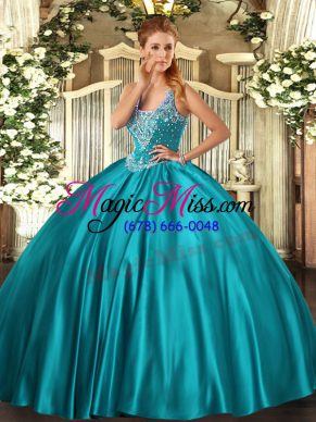 Satin Straps Sleeveless Lace Up Beading Quince Ball Gowns in Teal