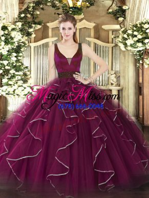 Free and Easy Fuchsia Straps Zipper Beading and Ruffles Ball Gown Prom Dress Sleeveless