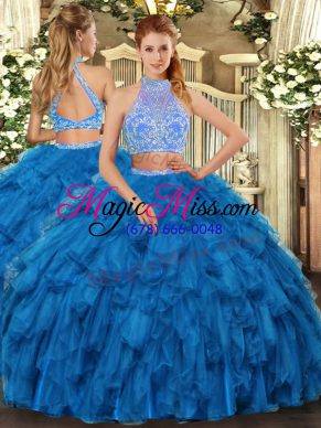 Sleeveless Organza Floor Length Criss Cross Quinceanera Gowns in Blue with Beading and Ruffles