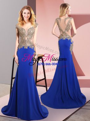 Best Elastic Woven Satin Sleeveless Prom Party Dress Sweep Train and Beading