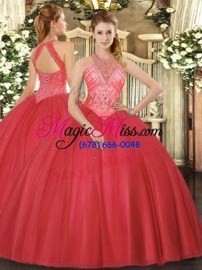 Wonderful High-neck Sleeveless Tulle Quinceanera Dresses Beading Lace Up