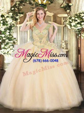 High Class Champagne Ball Gowns Tulle V-neck Sleeveless Beading Floor Length Lace Up Sweet 16 Quinceanera Dress