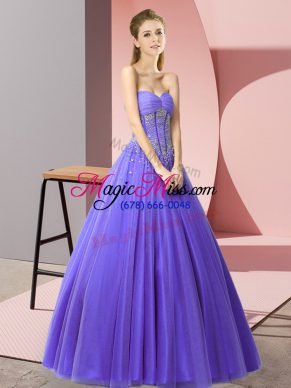 High Quality Sleeveless Tulle Floor Length Lace Up Prom Evening Gown in Lavender with Beading